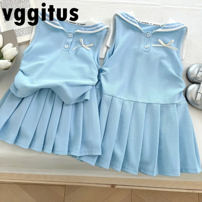 2025 Summer Girls Twin Sisters Outfits Blue Navy Collar Vest Dress Bow Sleeveless T-shirt Pleated Skirt Sets Family Look A17163
2025 Summer Girls Twin Sisters Outfits Blue Navy Collar Vest Dress Bow Sleeveless T-shirt Pleated Skirt Sets Family Look A17163