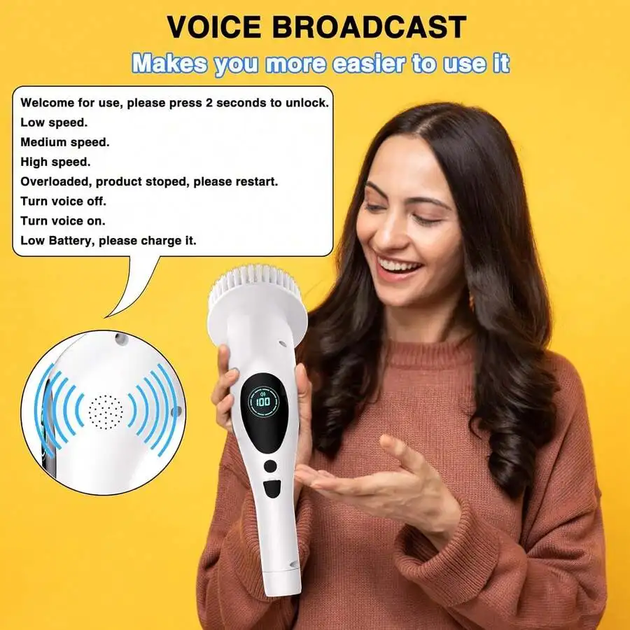 Cordless Electric Spin Scrubber With LED Display And Voice Announcement 3 Speeds 9 Interchangeable Heads
Cordless Electric Spin Scrubber With LED Display And Voice Announcement 3 Speeds 9 Interchangeable Heads