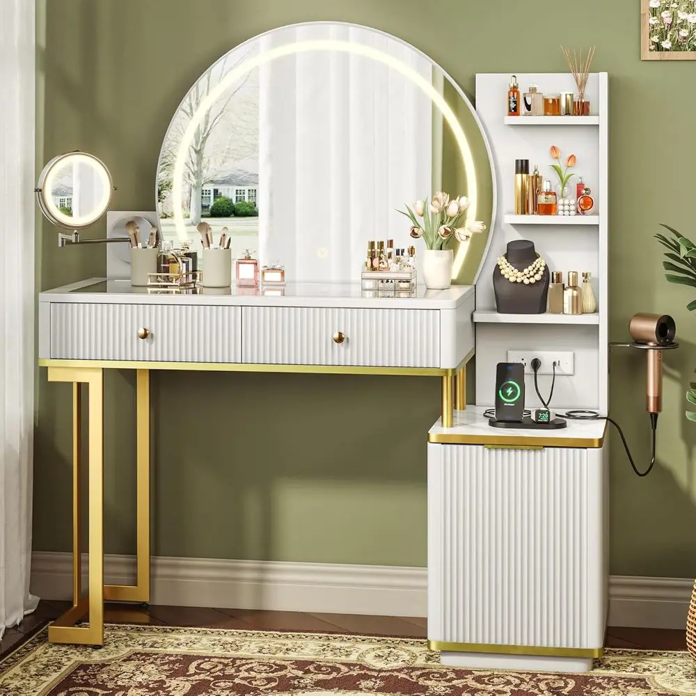 5x Magnifying Mirror Vanity Desk, Makeup Vanity with Mirror and Lights, Glass Top Vanity, Dressing Table with Power Outlet, Adju
5x Magnifying Mirror Vanity Desk, Makeup Vanity with Mirror and Lights, Glass Top Vanity, Dressing Table with Power Outlet, Adju