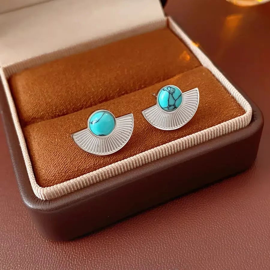 Vintage Fan Shaped Earrings Titanium Steel Natural Turquoise Retro Vacation Style Exaggerated Dainty Stud Earrings for Women
Vintage Fan Shaped Earrings Titanium Steel Natural Turquoise Retro Vacation Style Exaggerated Dainty Stud Earrings for Women