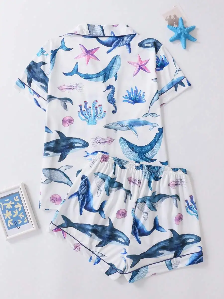 2pcs Womens Whale Print Pajama Set Collared Button-Up Short Sleeve Top Elastic Waist Shorts All Season
2pcs Womens Whale Print Pajama Set Collared Button-Up Short Sleeve Top Elastic Waist Shorts All Season