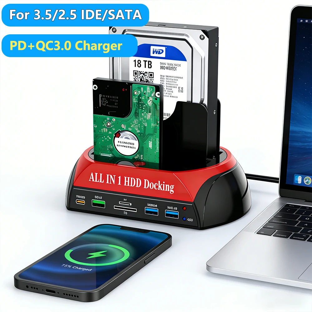 USB3.0 To 2.5/3.5inch SATA IDE HDD SSD Hard Driver Reader with PD30W QC3.0 Fast Charging SD TF Card USB3.0 Ports Docking Station
USB3.0 To 2.5/3.5inch SATA IDE HDD SSD Hard Driver Reader with PD30W QC3.0 Fast Charging SD TF Card USB3.0 Ports Docking Station