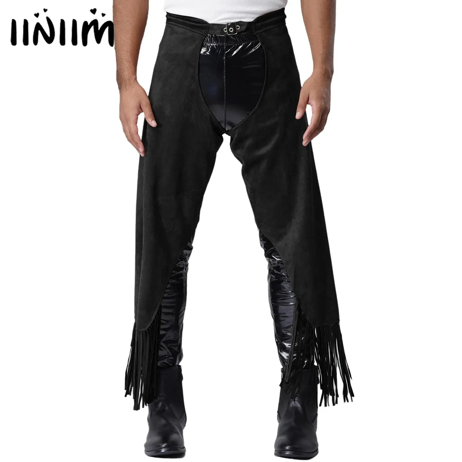 Mens Vintage Cowboy Chaps Pants Adjustable Buckles Open Crotch Split Fringe Suede Pants Halloween Theme Party Cosplay Costume 
Mens Vintage Cowboy Chaps Pants Adjustable Buckles Open Crotch Split Fringe Suede Pants Halloween Theme Party Cosplay Costume