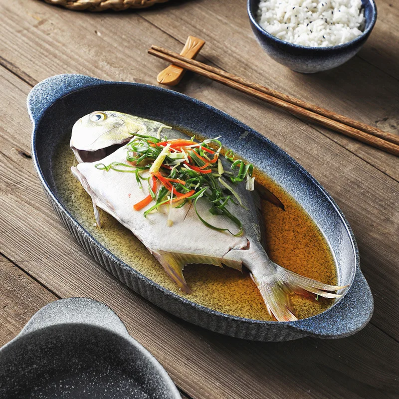 Large Ceramic Fish Platter with Handles for Home Restaurant Commercial Use Steaming Fish Dishware
Large Ceramic Fish Platter with Handles for Home Restaurant Commercial Use Steaming Fish Dishware