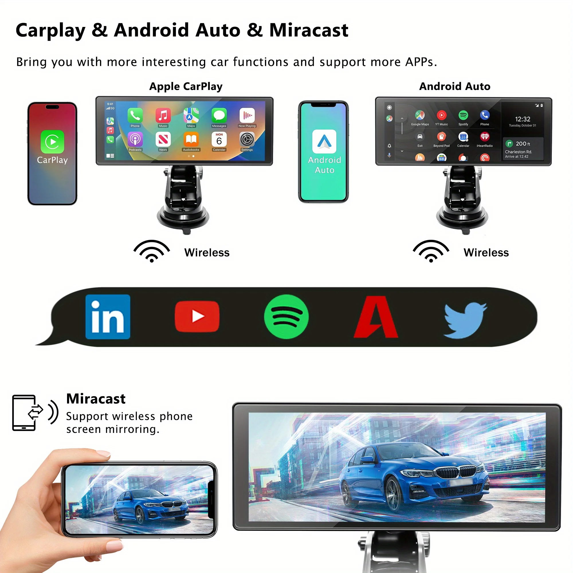 10.26" Portable Wireless CarPlay Android Auto Built in Rear View Dash Cam DVR Multimedia Monitor Bluetooth FM US Warehouse
10.26" Portable Wireless CarPlay Android Auto Built in Rear View Dash Cam DVR Multimedia Monitor Bluetooth FM US Warehouse