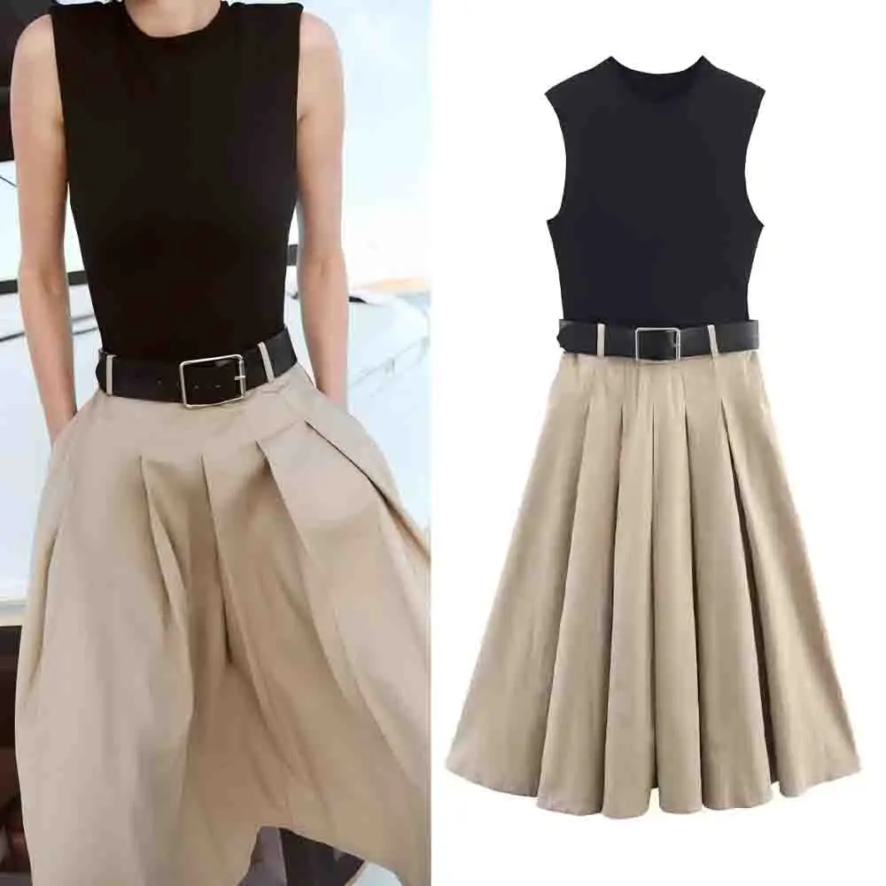 Women's new fashion belt decoration with shoulder pads slim patchwork pleated MIDI dress retro sleeveless women's dress
Women's new fashion belt decoration with shoulder pads slim patchwork pleated MIDI dress retro sleeveless women's dress