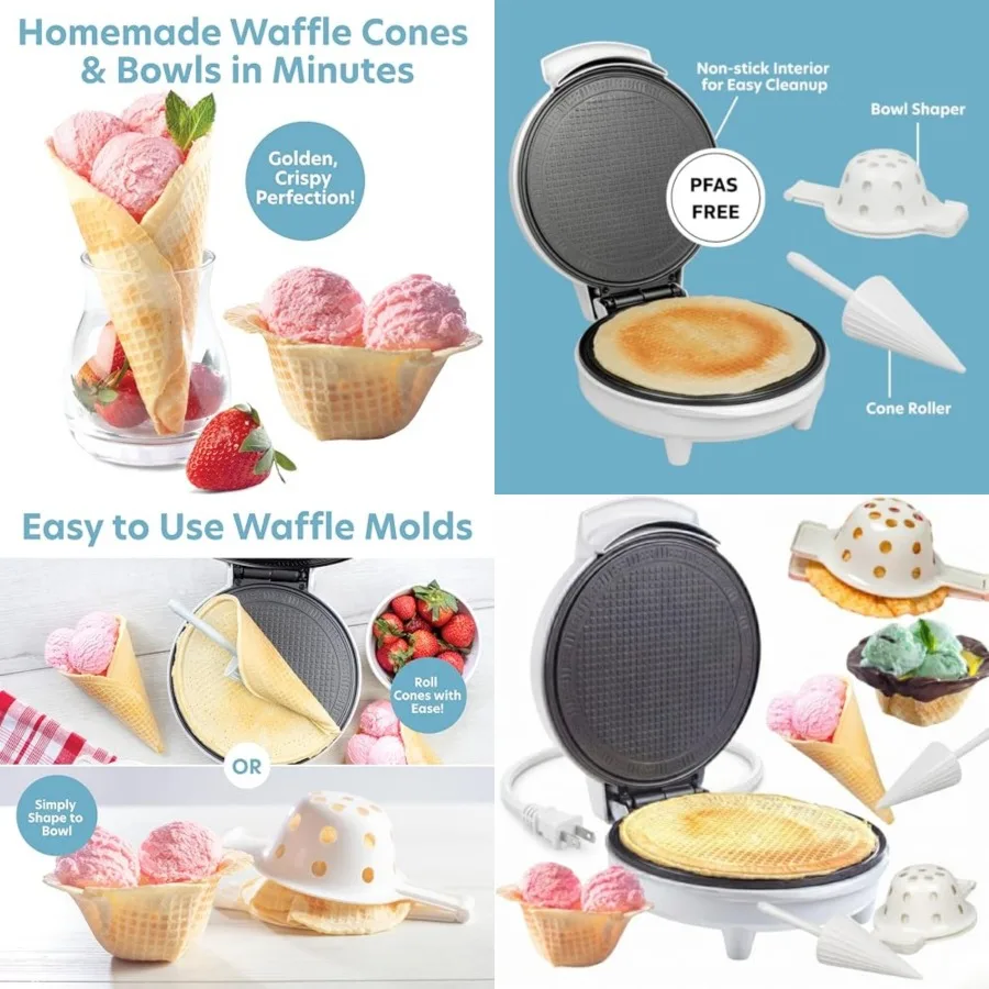 Waffle Cone and Ice Cream Bowl Maker- Cup Press and Shaper Roller- 8" PFAS Free Plates, Electric Non-stick Waffler Iron Machine
Waffle Cone and Ice Cream Bowl Maker- Cup Press and Shaper Roller- 8" PFAS Free Plates, Electric Non-stick Waffler Iron Machine
