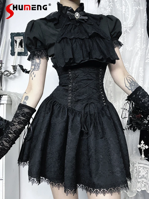 American Subculture Gothic Sweet Hot Girl Sets Black Lace Short Sleeve Shirts High Waist Lace-up Slim Skirts Two-piece Set Women
American Subculture Gothic Sweet Hot Girl Sets Black Lace Short Sleeve Shirts High Waist Lace-up Slim Skirts Two-piece Set Women