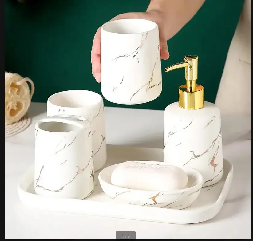 Marbling Ceramic Bathroom 5-piece Set with Tray Mouth Cup Set Bathroom Wash Supplies Lotion Bottle Toothbrush Holder Soap Dish
Marbling Ceramic Bathroom 5-piece Set with Tray Mouth Cup Set Bathroom Wash Supplies Lotion Bottle Toothbrush Holder Soap Dish
