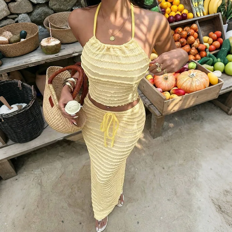 Sexy Elegant Dress Two Piece Skirt Set 2026 Women Summer Vacation Clothes Maxi Long Dress Halter Tops 2 Piece Set Outfit
Sexy Elegant Dress Two Piece Skirt Set 2026 Women Summer Vacation Clothes Maxi Long Dress Halter Tops 2 Piece Set Outfit