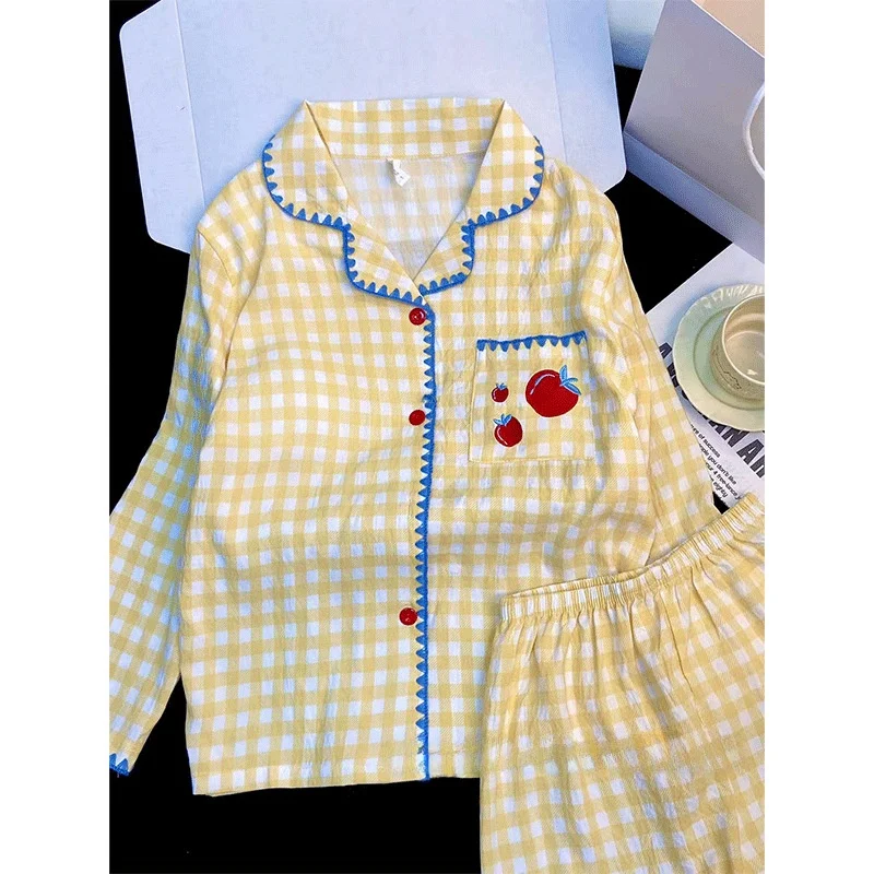 Korean Style Plaid Tomato Long Sleeve Long Pants Cloud Cotton Spring Autumn Cute Sweet Home Clothes Set with Chest Pad Women
Korean Style Plaid Tomato Long Sleeve Long Pants Cloud Cotton Spring Autumn Cute Sweet Home Clothes Set with Chest Pad Women