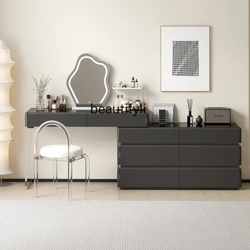 Minimalist bedroom, end of bed, multi-functional retractable chest, dresser, integrated makeup table
Minimalist bedroom, end of bed, multi-functional retractable chest, dresser, integrated makeup table