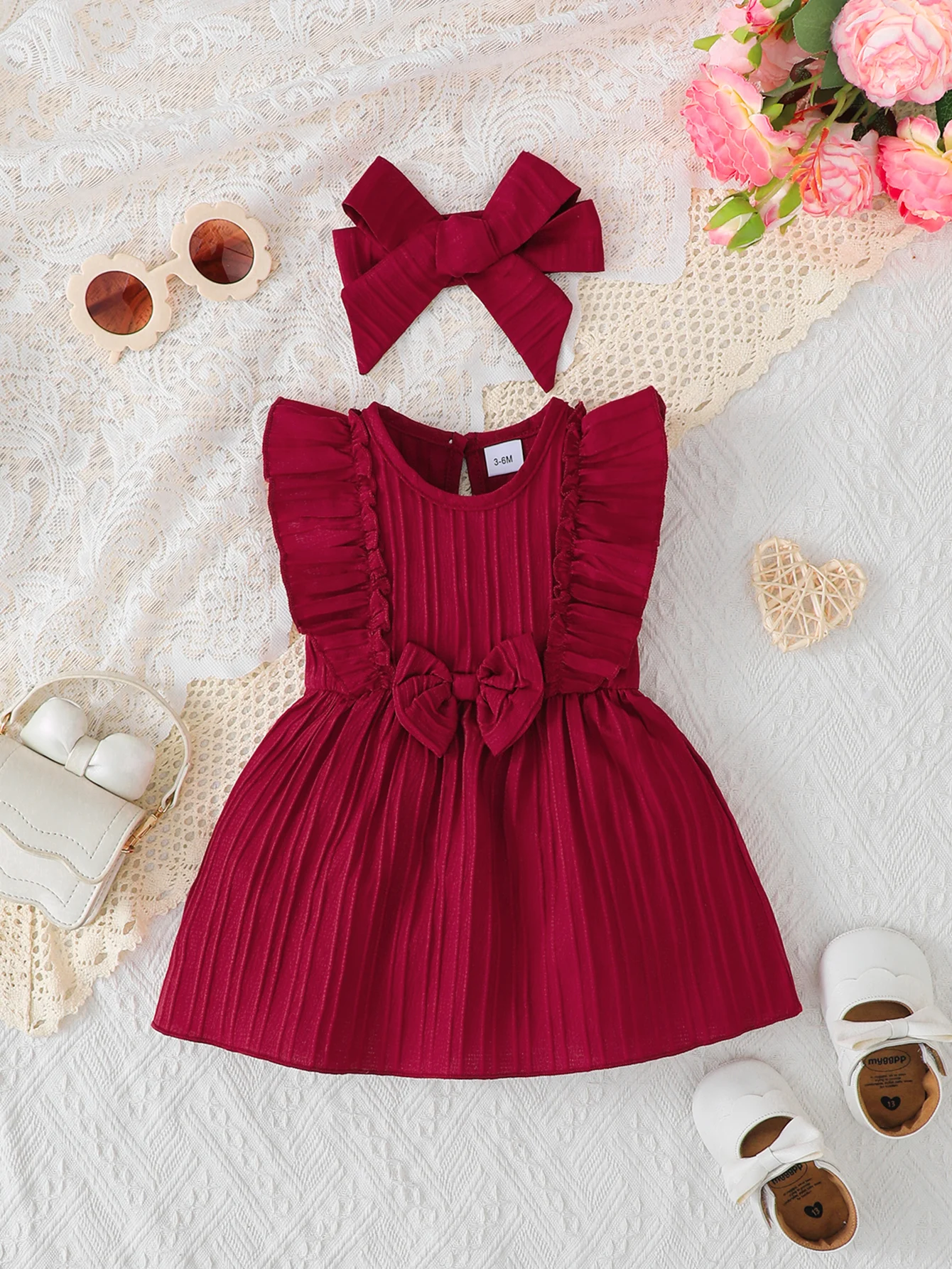 2pcs Summer Baby Girls Burgundy Vertical Stripe Dress Set, Ruffle Sleeve Bow Princess Dress + Matching Bow Headband, Vintage Swe
2pcs Summer Baby Girls Burgundy Vertical Stripe Dress Set, Ruffle Sleeve Bow Princess Dress + Matching Bow Headband, Vintage Swe