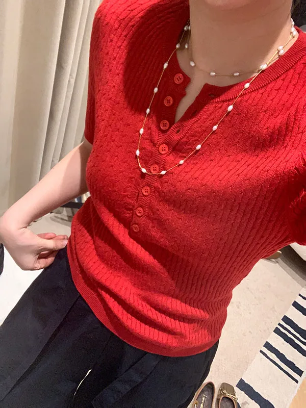 Summer Style Henry Collar Twist Pattern Short Sleeve T-Shirt Acetate Wool Silk Skin-friendly Casual Knitted Women's Top
Summer Style Henry Collar Twist Pattern Short Sleeve T-Shirt Acetate Wool Silk Skin-friendly Casual Knitted Women's Top