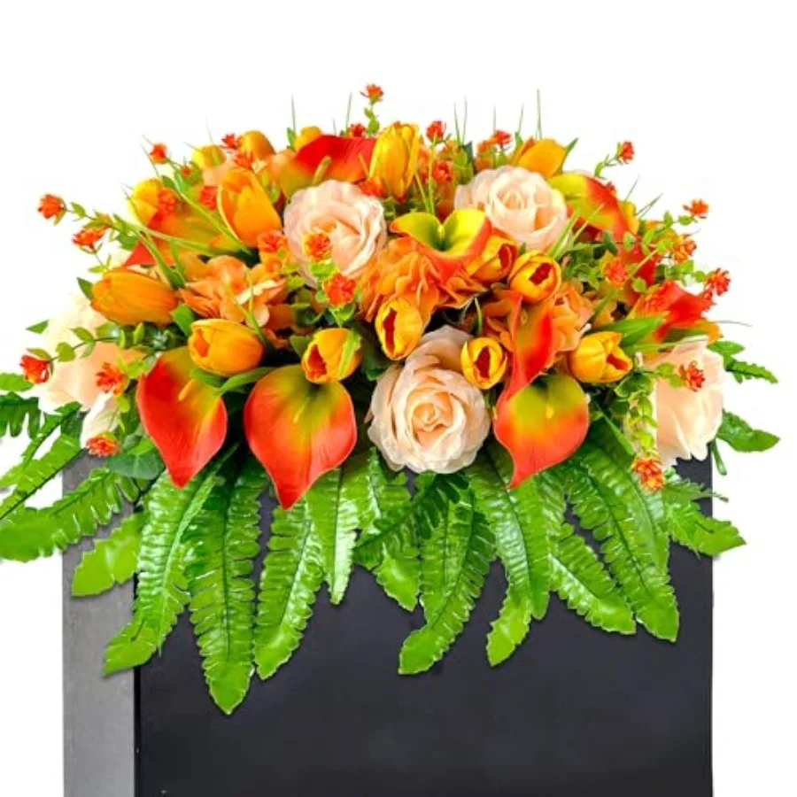 Outdoor cemetery grave saddle decoration with artificial orange roses and tulips for headstone, weather-resistant plastic, vibr
Outdoor cemetery grave saddle decoration with artificial orange roses and tulips for headstone, weather-resistant plastic, vibr