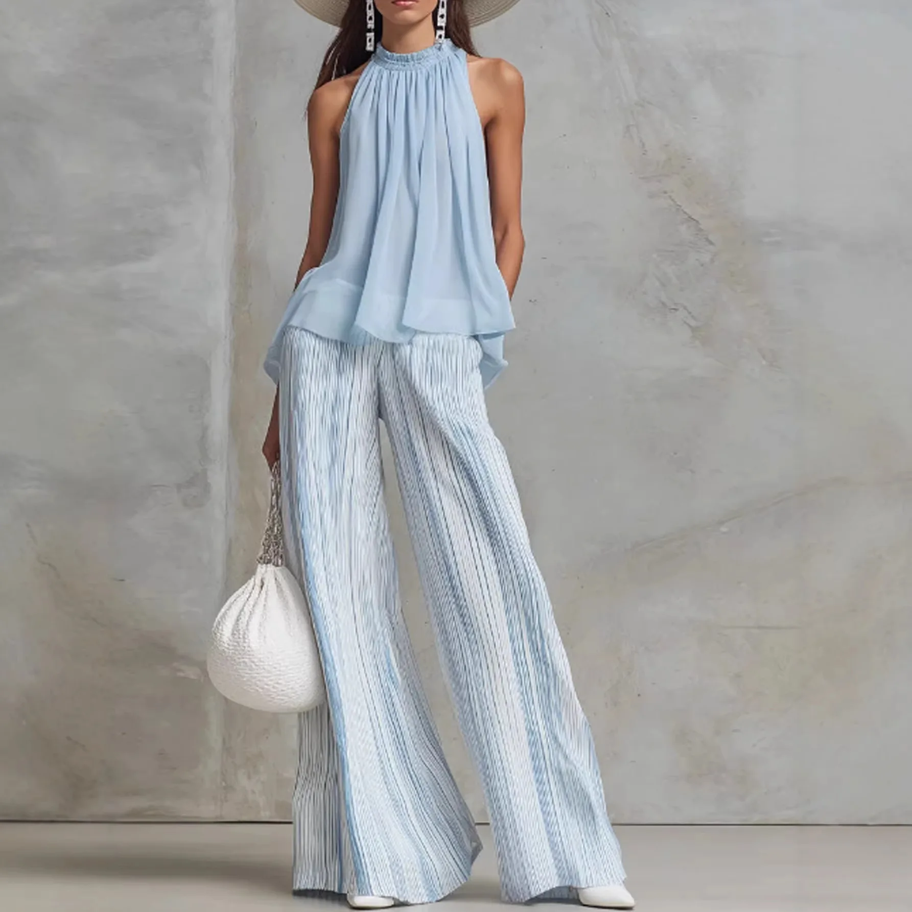 Two Piece Set For Women Halter Neck Elegant sleeveless tank top+ Striped Wide Leg Pants Set Casual Summer Vacation Linen Outfit
Two Piece Set For Women Halter Neck Elegant sleeveless tank top+ Striped Wide Leg Pants Set Casual Summer Vacation Linen Outfit