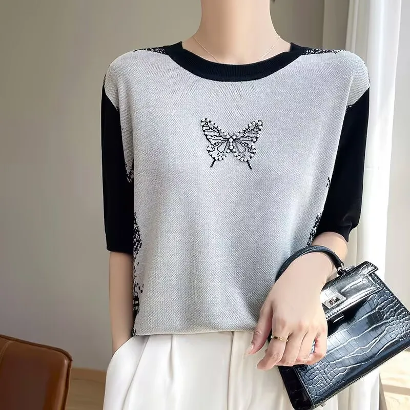 Wool Short Sleeved T-Shirt For Women In Summer 2025, New Jacquard Knitted sweater, Nail Bead Butterfly High-End Versatile Top
Wool Short Sleeved T-Shirt For Women In Summer 2025, New Jacquard Knitted sweater, Nail Bead Butterfly High-End Versatile Top