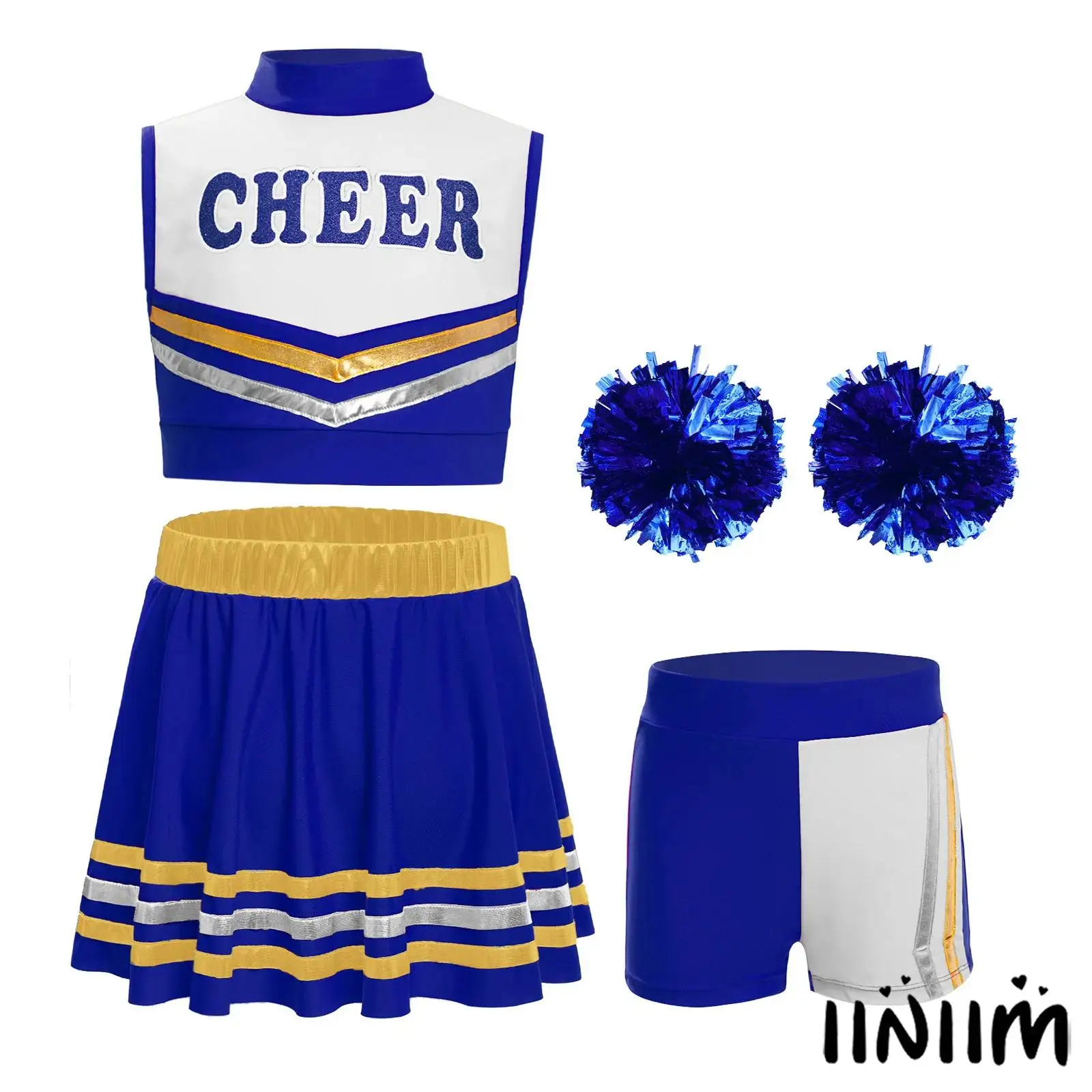 Kids Girls Cheerleading Outfit Sleeveless Mock Neck Letters Printed Crop Top with Metallic Striped Skirt Shorts and 2Pcs Flower 
Kids Girls Cheerleading Outfit Sleeveless Mock Neck Letters Printed Crop Top with Metallic Striped Skirt Shorts and 2Pcs Flower