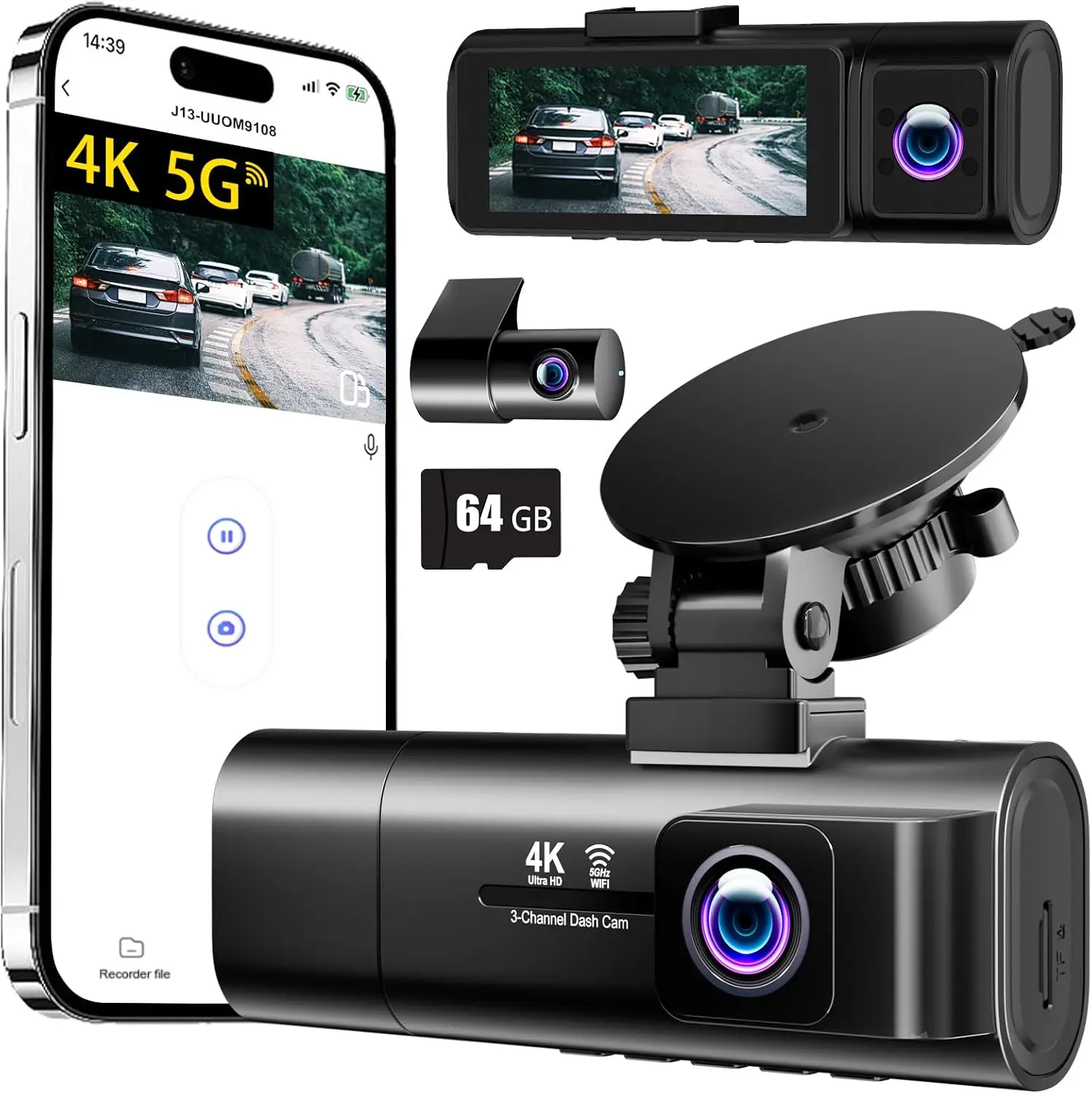 Dash Cam Front and Rear,3 Channel Dash Cam for Car with 5G WiFi, 64GB Card,4K+1080P+1080P Front Inside and Rear Car Dash
Dash Cam Front and Rear,3 Channel Dash Cam for Car with 5G WiFi, 64GB Card,4K+1080P+1080P Front Inside and Rear Car Dash