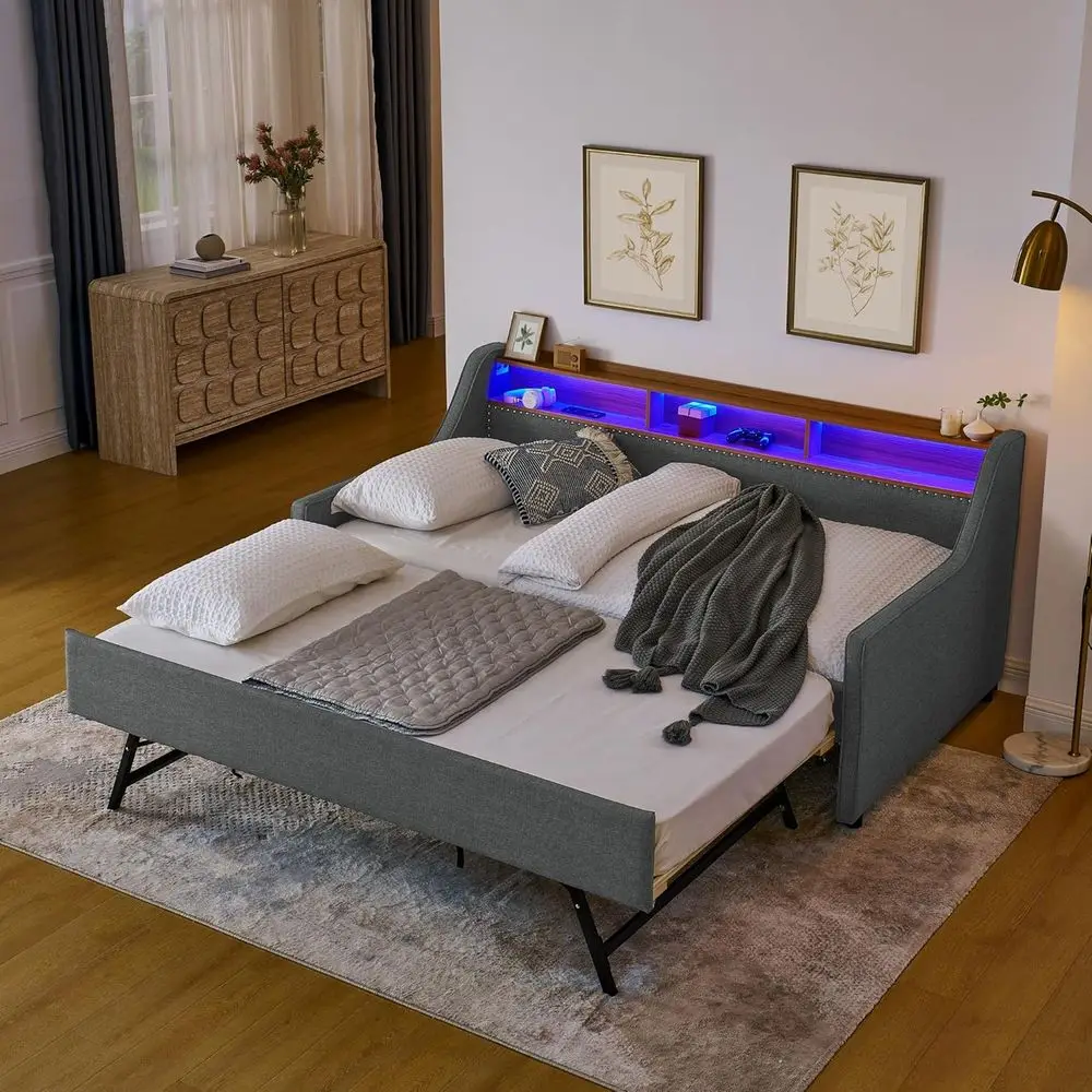Linen Twin Daybed with Trundle, USB Charging & LED Lights, Grey, Convertible to King, No Box Spring Needed
Linen Twin Daybed with Trundle, USB Charging & LED Lights, Grey, Convertible to King, No Box Spring Needed