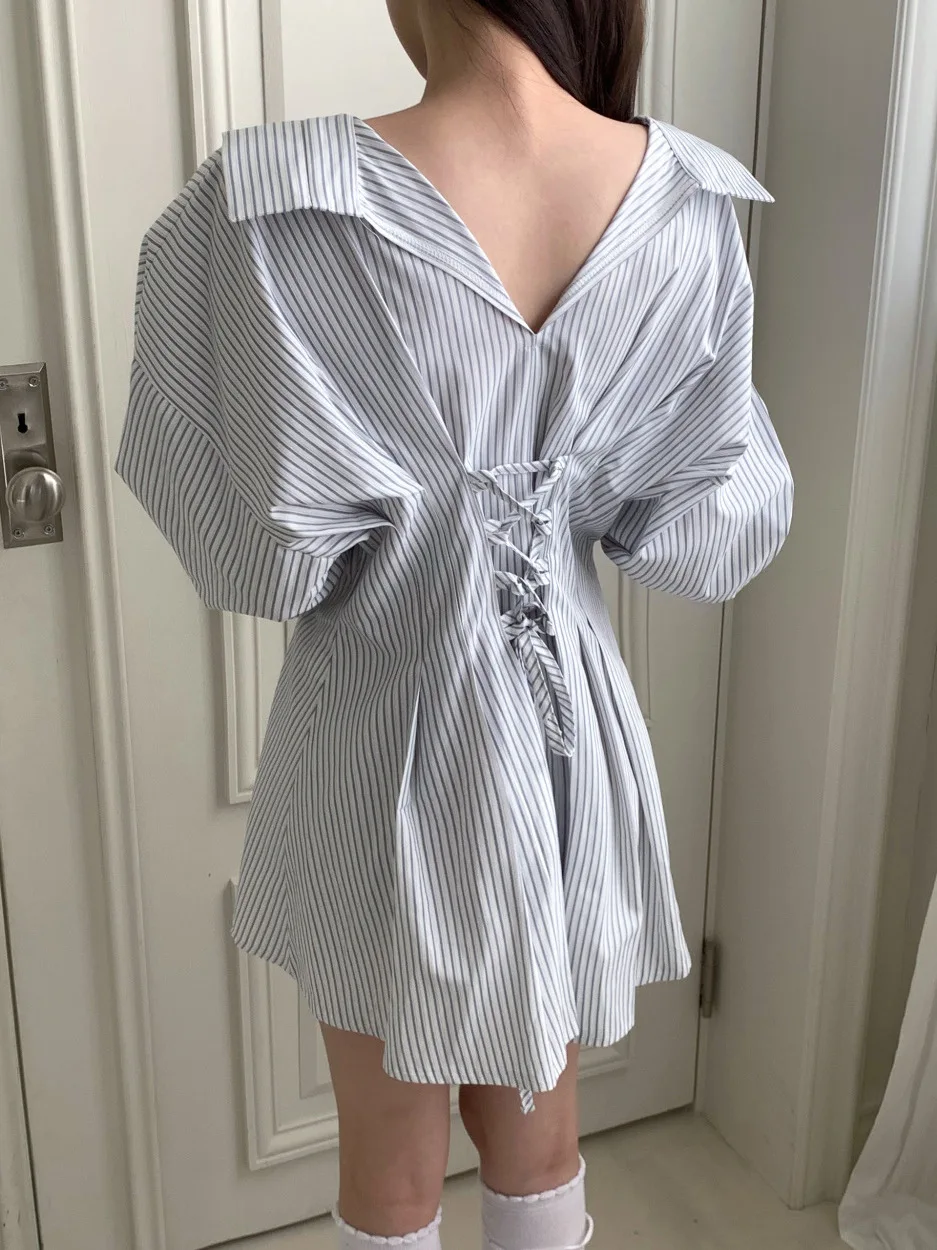 Slimming Stripe irt Dr Women's Sexy Bal Long Sve Turn-down Collar Belted Waist High-waisted ort A-line Skirt
Slimming Stripe irt Dr Women's Sexy Bal Long Sve Turn-down Collar Belted Waist High-waisted ort A-line Skirt