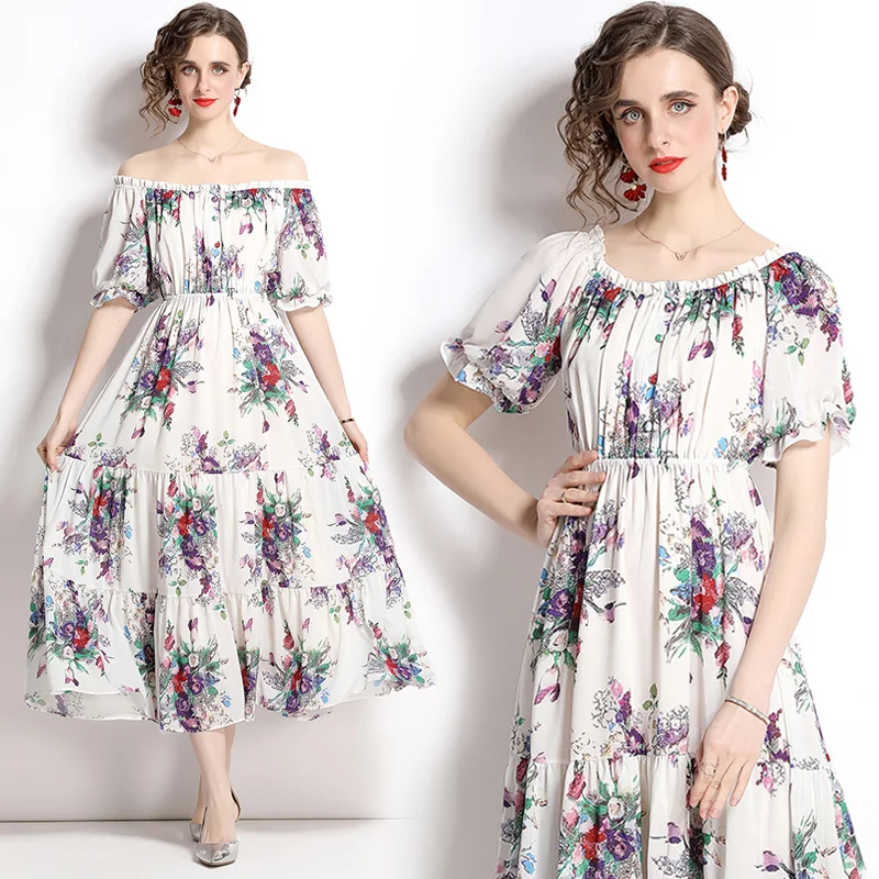 New Women's Elastic One-line Collar Short-sleeved Slim Chiffon Print Dress Summer Robe Boho Dress
New Women's Elastic One-line Collar Short-sleeved Slim Chiffon Print Dress Summer Robe Boho Dress