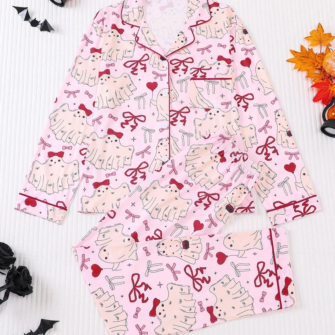 Women's Pajama with Bowknot and Little Devil Print Pink Lapel Long Sleeve Long Pants Trousers Loungewear Home Wear Set Clothes
Women's Pajama with Bowknot and Little Devil Print Pink Lapel Long Sleeve Long Pants Trousers Loungewear Home Wear Set Clothes