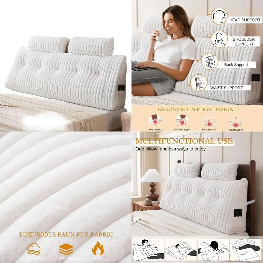 Подушка изголовья клина размера «queen-size» с двумя рулонными подушками, искусственным мехом и треугольной подушкой для чтения из пены с эффектом памяти, белая
Подушка изголовья клина размера «queen-size» с двумя рулонными подушками, искусственным мехом и треугольной подушкой для чтения из пены с эффектом памяти, белая