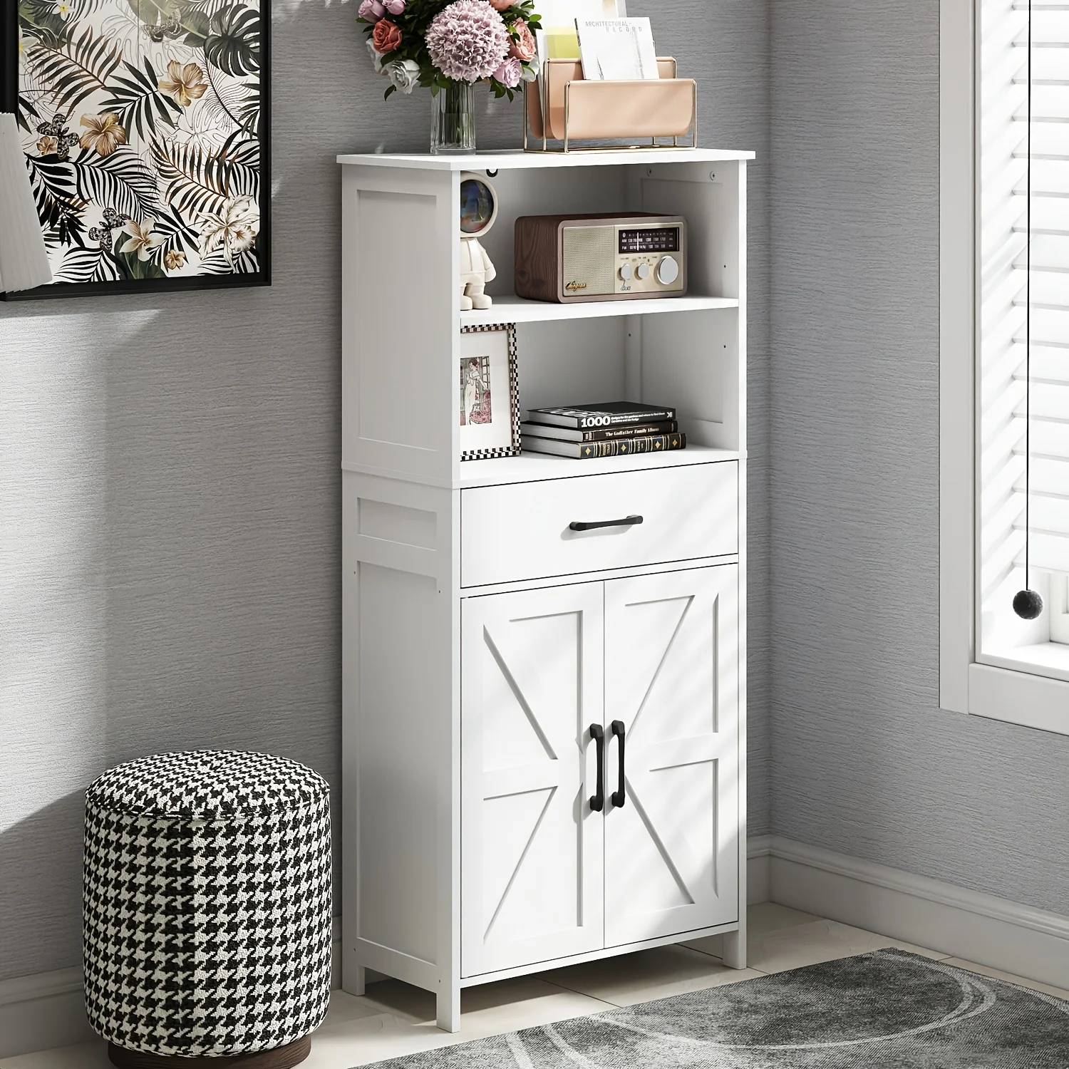 1pc Modern Farmhouse Barn Door Storage Cabinet with White Barn Doors & Frame - Metal & Wood -Standing Cabinet Suitable, Living Room, Dining Room - Easy Assembly, Space-Saving Vertical Storage Unit
1pc Modern Farmhouse Barn Door Storage Cabinet with White Barn Doors & Frame - Metal & Wood -Standing Cabinet Suitable, Living Room, Dining Room - Easy Assembly, Space-Saving Vertical Storage Unit