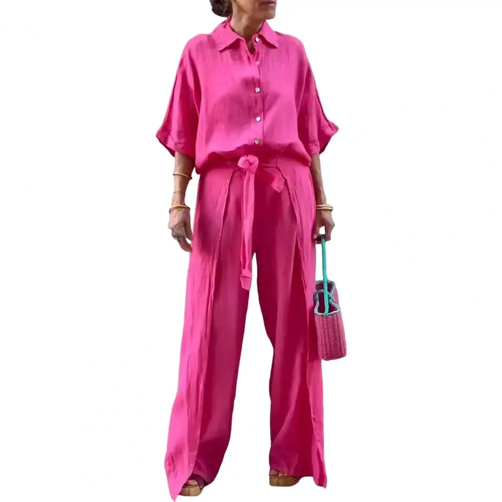 Lady Loose Outfit Elegant Women's Shirt Pants Set with Turn-down Collar Three Quarter Sleeve Top Wide Leg Lace-up Waist for A
Lady Loose Outfit Elegant Women's Shirt Pants Set with Turn-down Collar Three Quarter Sleeve Top Wide Leg Lace-up Waist for A