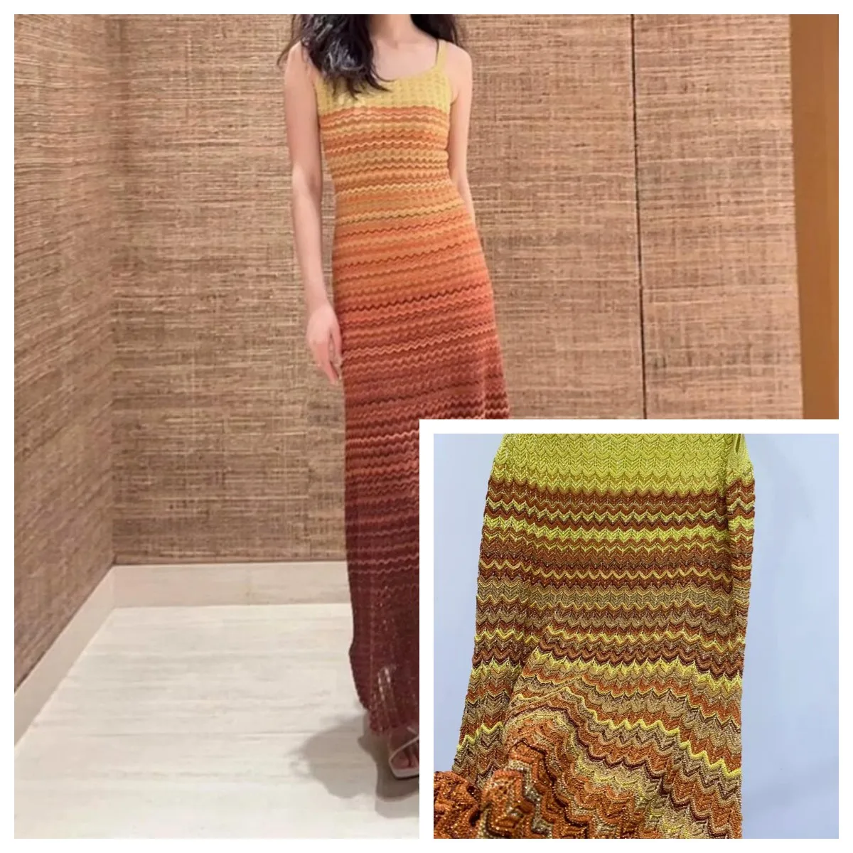 Women's Knitted Camisole Dress Contrast Gradient Wave Striped Elegant Slim Sexy Long Robe for Ladies
Women's Knitted Camisole Dress Contrast Gradient Wave Striped Elegant Slim Sexy Long Robe for Ladies