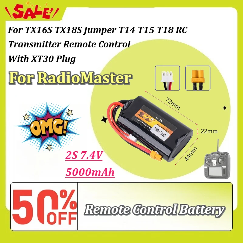 New 2S 7.4V 5000mAh Battery XT30 Plug High Capacity for RadioMaster TX16S TX18S Jumper T14 T15 T18 RC Transmitter Remote Control
New 2S 7.4V 5000mAh Battery XT30 Plug High Capacity for RadioMaster TX16S TX18S Jumper T14 T15 T18 RC Transmitter Remote Control