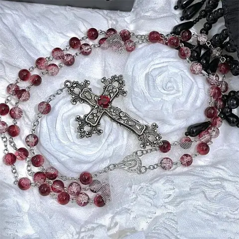 New Hip Hop Gothic Ancient Silver Baroque Flower Relief Cross Pendant Red Glass Rosary Necklace for Women Men Halloween Jewelry