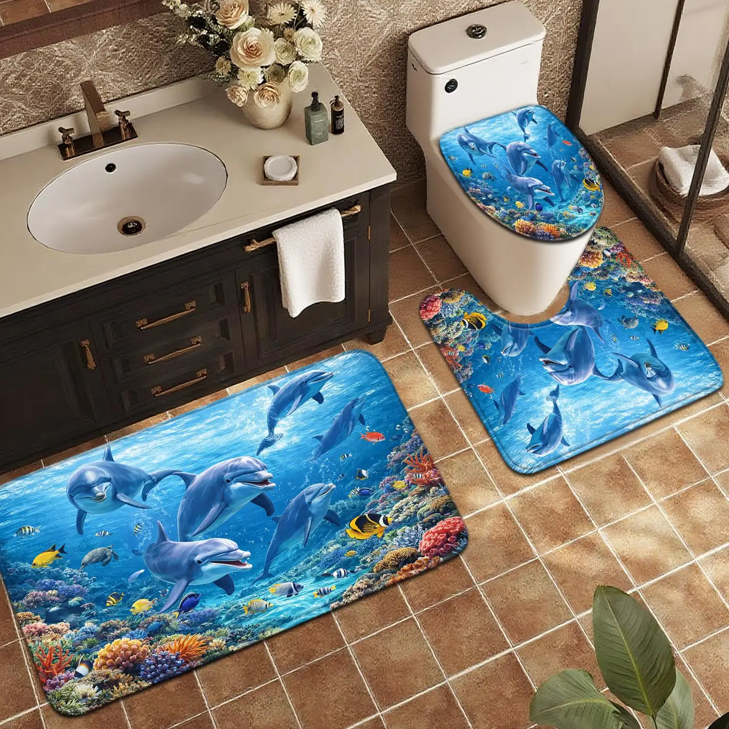 Набор для ванной комнаты из 3 предметов с 3D-рисунком дельфинов и океана: нескользящая крышка для унитаза, коврик для пола, U-образный коврик, декор для дома
Набор для ванной комнаты из 3 предметов с 3D-рисунком дельфинов и океана: нескользящая крышка для унитаза, коврик для пола, U-образный коврик, декор для дома