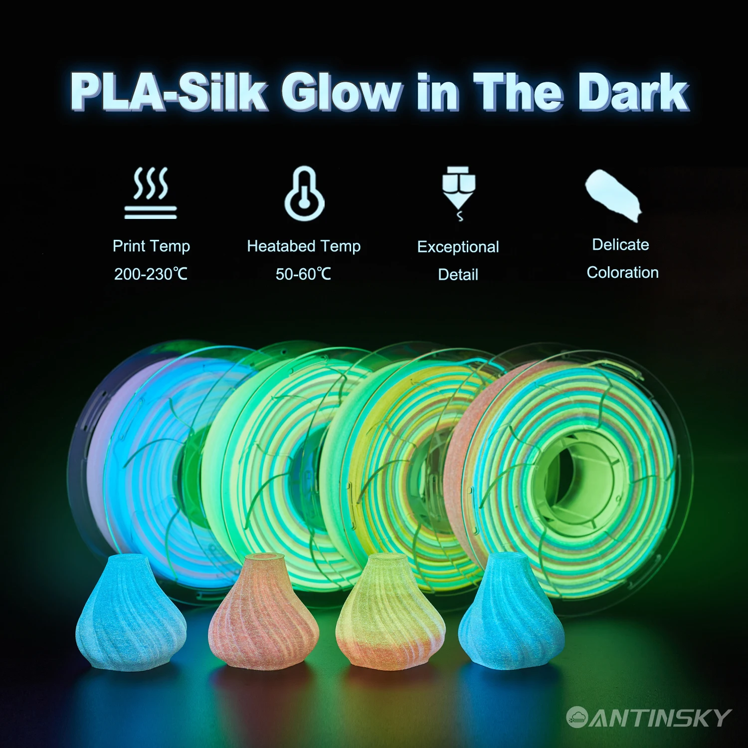 Antinsky PLA-Silk Glow in The Dark 1.75mm 3D Filament 1KG 3d printer High speed filament
Antinsky PLA-Silk Glow in The Dark 1.75mm 3D Filament 1KG 3d printer High speed filament
