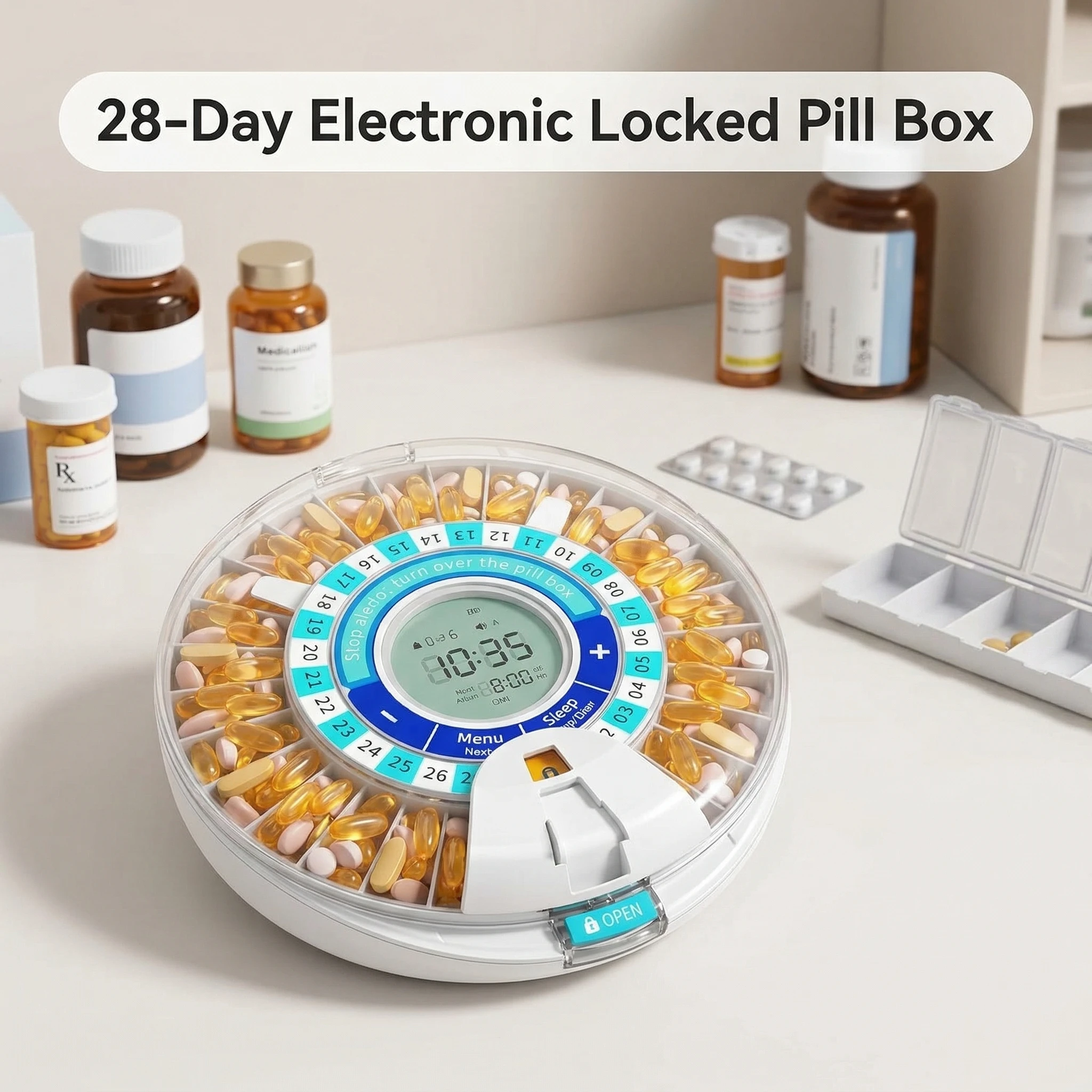 Automatic Pill Dispenser with Electronic Lock 28-Day Large Capacity Medicine Box Features Visual Audio Alarms for to OrganizeP
Automatic Pill Dispenser with Electronic Lock 28-Day Large Capacity Medicine Box Features Visual Audio Alarms for to OrganizeP