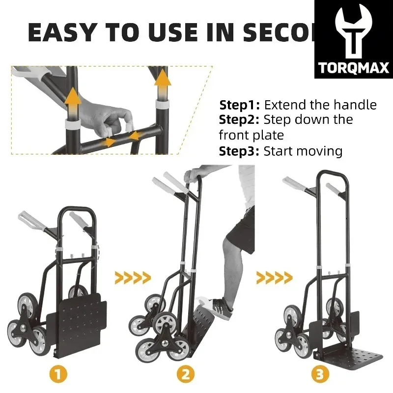 TORQMAX Heavy Duty Stair Climbing Cart 330Lbs Capacity Three Wheel Foldable Hand Truck Dolly for Home Garage Moving repair tools
TORQMAX Heavy Duty Stair Climbing Cart 330Lbs Capacity Three Wheel Foldable Hand Truck Dolly for Home Garage Moving repair tools