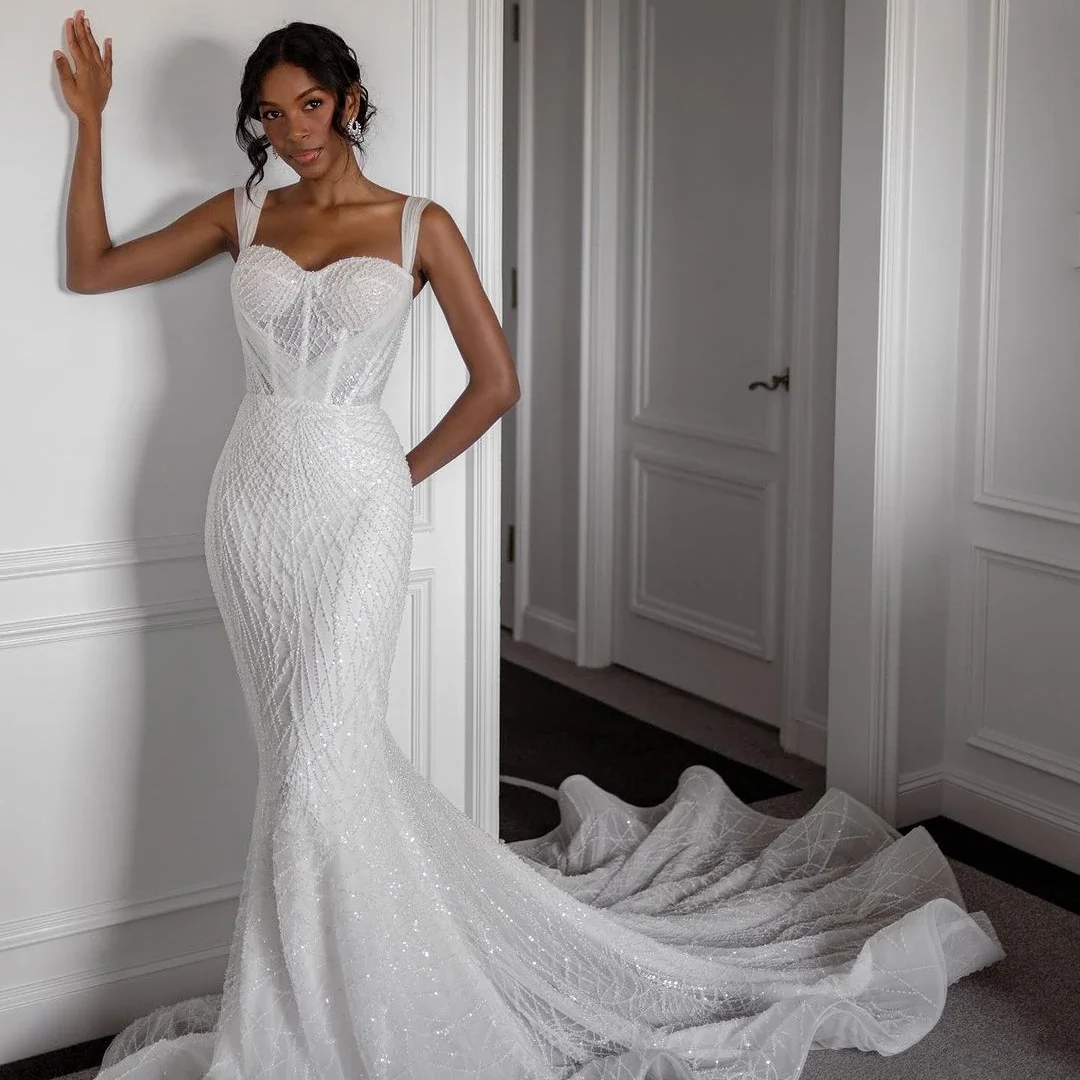Sweetheart Sreapless Floor Length Dress Beaded Backless Lace Up Elegant Women Mermaid Wedding Dress Customized
Sweetheart Sreapless Floor Length Dress Beaded Backless Lace Up Elegant Women Mermaid Wedding Dress Customized