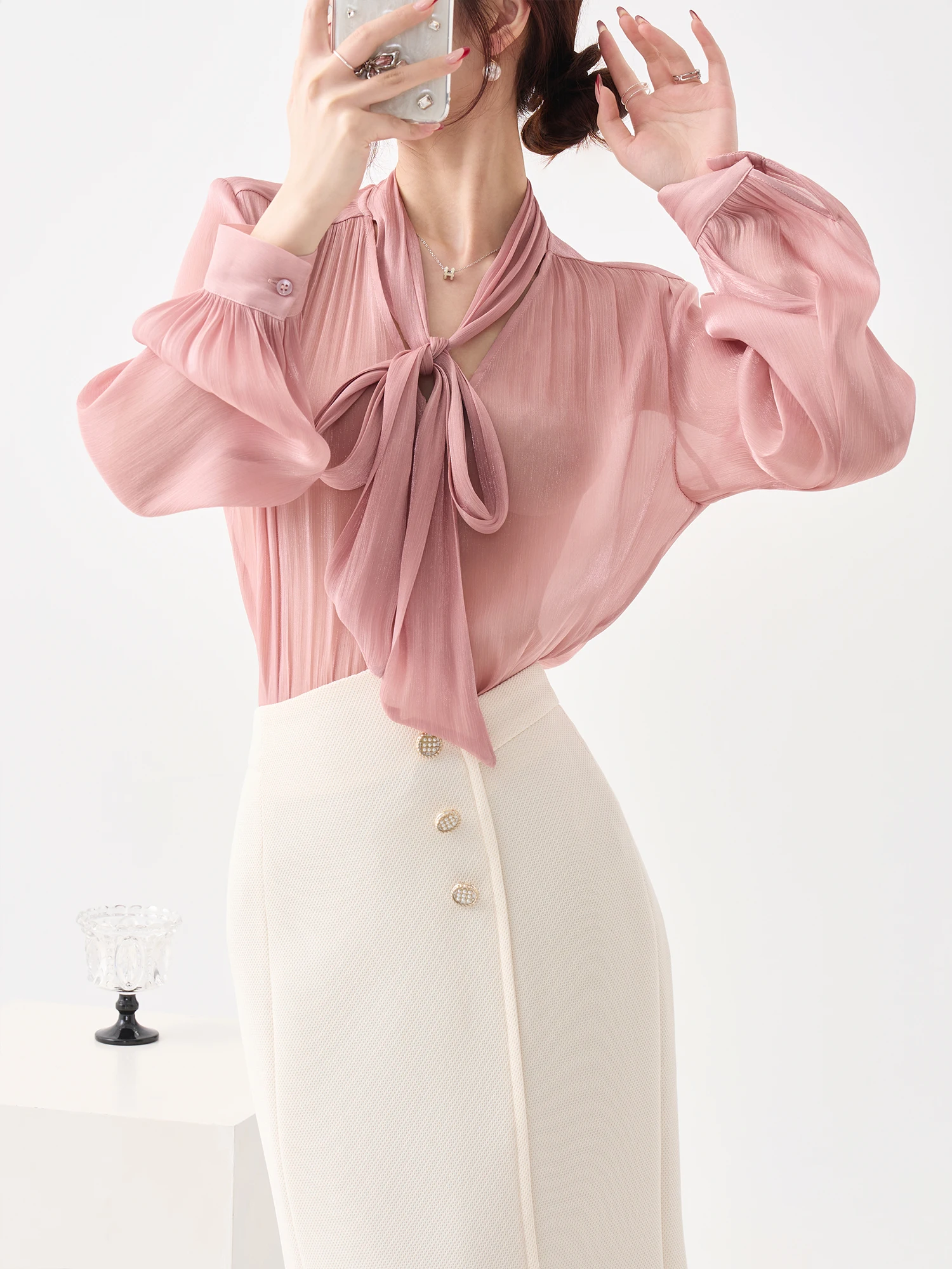 Pink Chiffon Shirt Women's Knot Lantern Sleeve Design Sensation Top Gentle Style Fitted Long Sleeve Polyester Spring
Pink Chiffon Shirt Women's Knot Lantern Sleeve Design Sensation Top Gentle Style Fitted Long Sleeve Polyester Spring