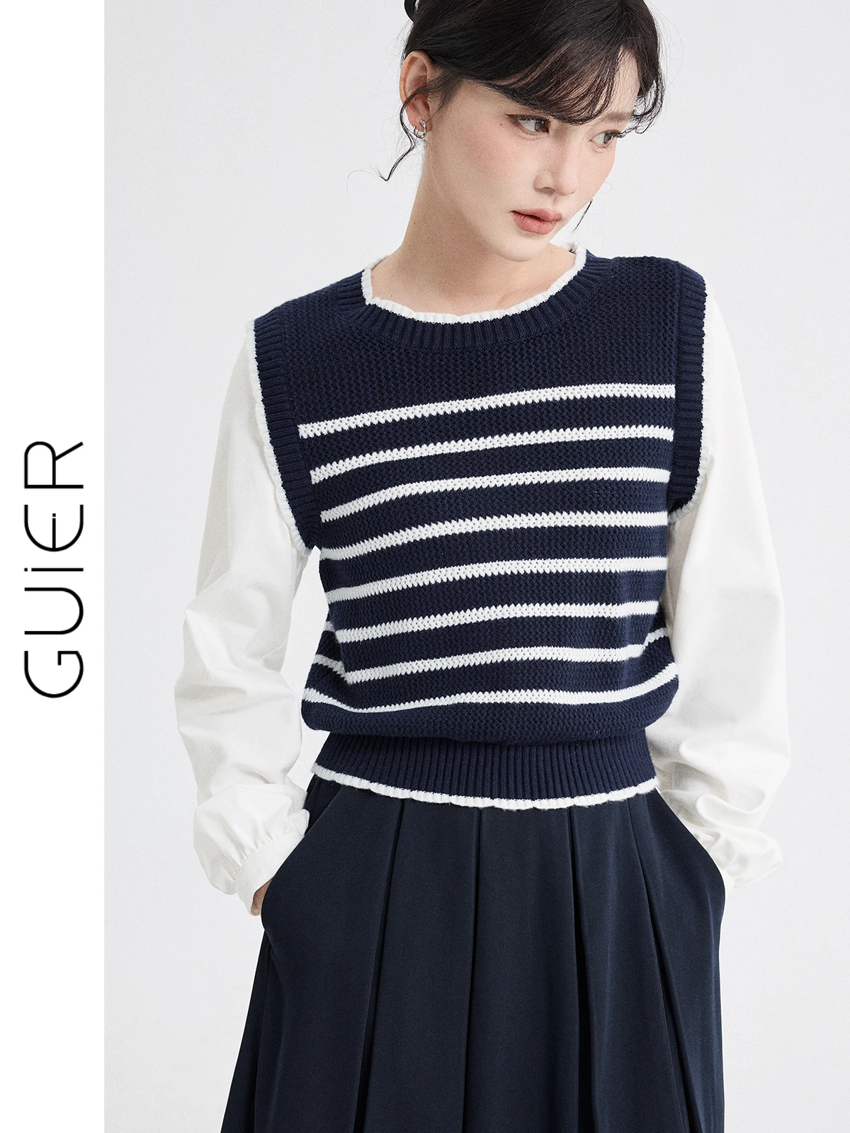 Guier Women's Striped Knitted Sweater Fake Two-Piece round Ne Splicing Design Spring Casual Sle Long Sve Regular Fit
Guier Women's Striped Knitted Sweater Fake Two-Piece round Ne Splicing Design Spring Casual Sle Long Sve Regular Fit