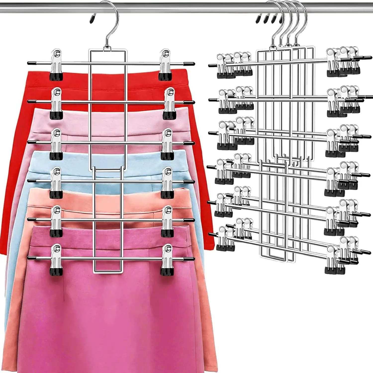 Pants Hangers with Clips, 6-Tier Skirt Hangers with 360° Swivel Hook, Space Saving Closet Organizer for Trousers, Scarves
Pants Hangers with Clips, 6-Tier Skirt Hangers with 360° Swivel Hook, Space Saving Closet Organizer for Trousers, Scarves