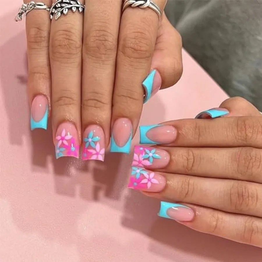 24pcs Blue French Tip Press on Nails Medium Square Fake Nails Pink Flower Design Nail Art Supplies Acrylic Artificial Nails Glo
24pcs Blue French Tip Press on Nails Medium Square Fake Nails Pink Flower Design Nail Art Supplies Acrylic Artificial Nails Glo