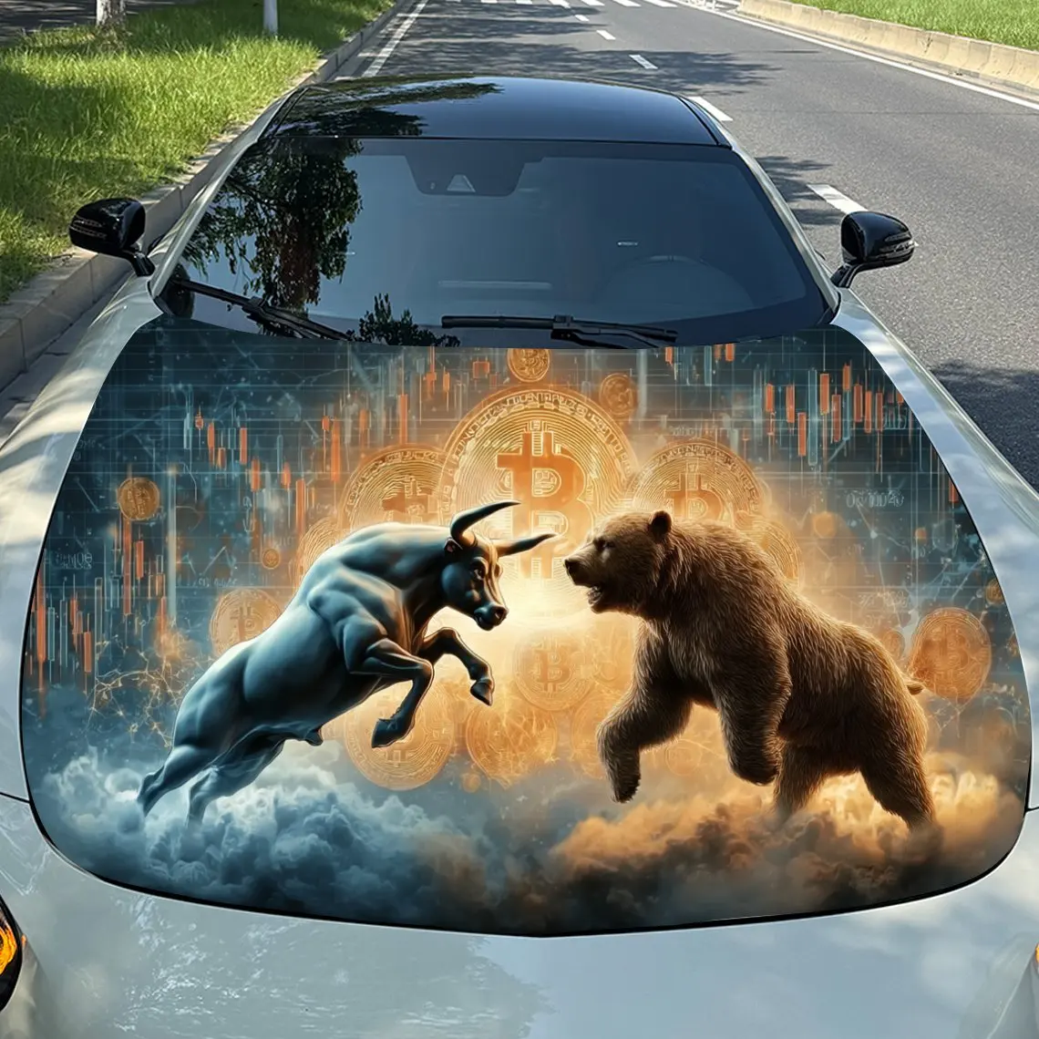 Crypto Bull Bear Duel Car Vinyl Wrap, PVC Material Waterproof Car Hood Sticker, Self-Adhesive Scratch-Resistant Stickers for Eng
Crypto Bull Bear Duel Car Vinyl Wrap, PVC Material Waterproof Car Hood Sticker, Self-Adhesive Scratch-Resistant Stickers for Eng