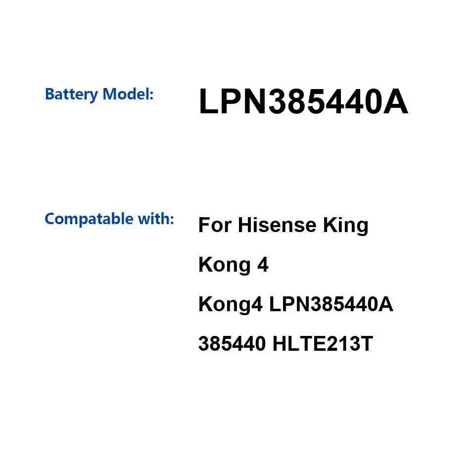 4500 мАч для Hisense King Kong 4 385440 HLTE213T LPN385440A стабильный аккумулятор мобильного телефона
4500 мАч для Hisense King Kong 4 385440 HLTE213T LPN385440A стабильный аккумулятор мобильного телефона