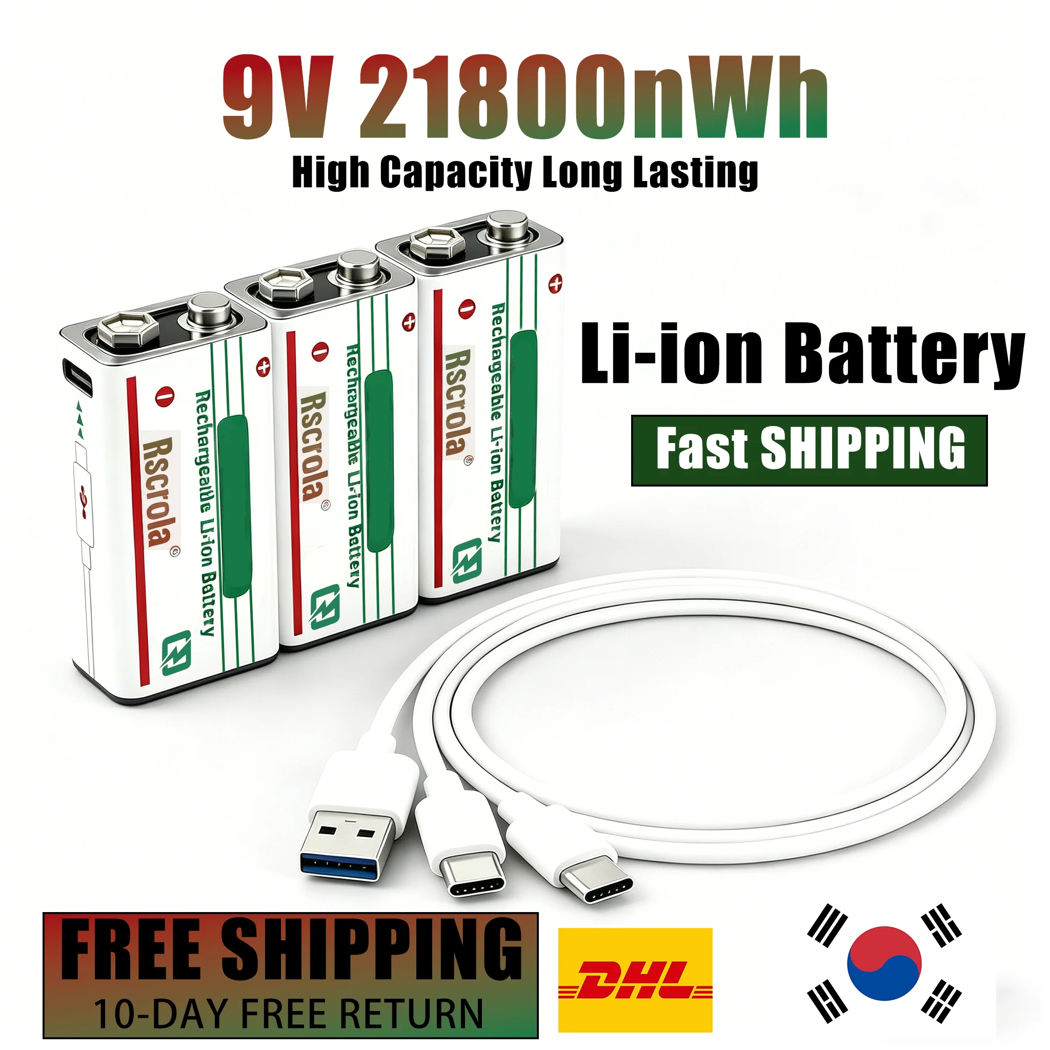 Rscrola 9V Rechargeable Li-ion Battery 21800mWh High Capacity with Charging Cable for Guitar Microphone Smoke Detector
Rscrola 9V Rechargeable Li-ion Battery 21800mWh High Capacity with Charging Cable for Guitar Microphone Smoke Detector