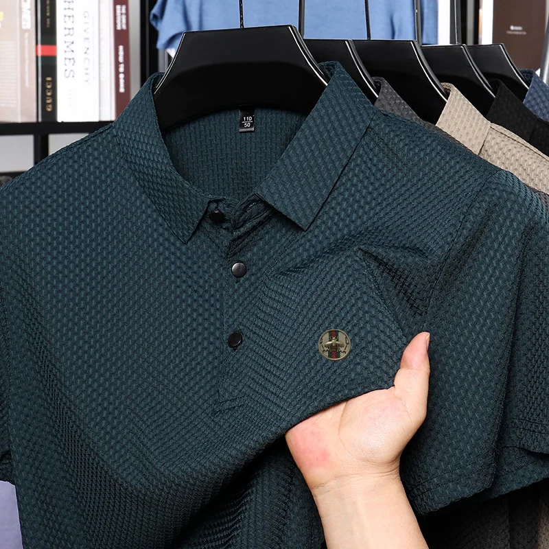 Embroidered ice silk breathable short sleeved fashion casual business polo shirt for summer 2025
Embroidered ice silk breathable short sleeved fashion casual business polo shirt for summer 2025