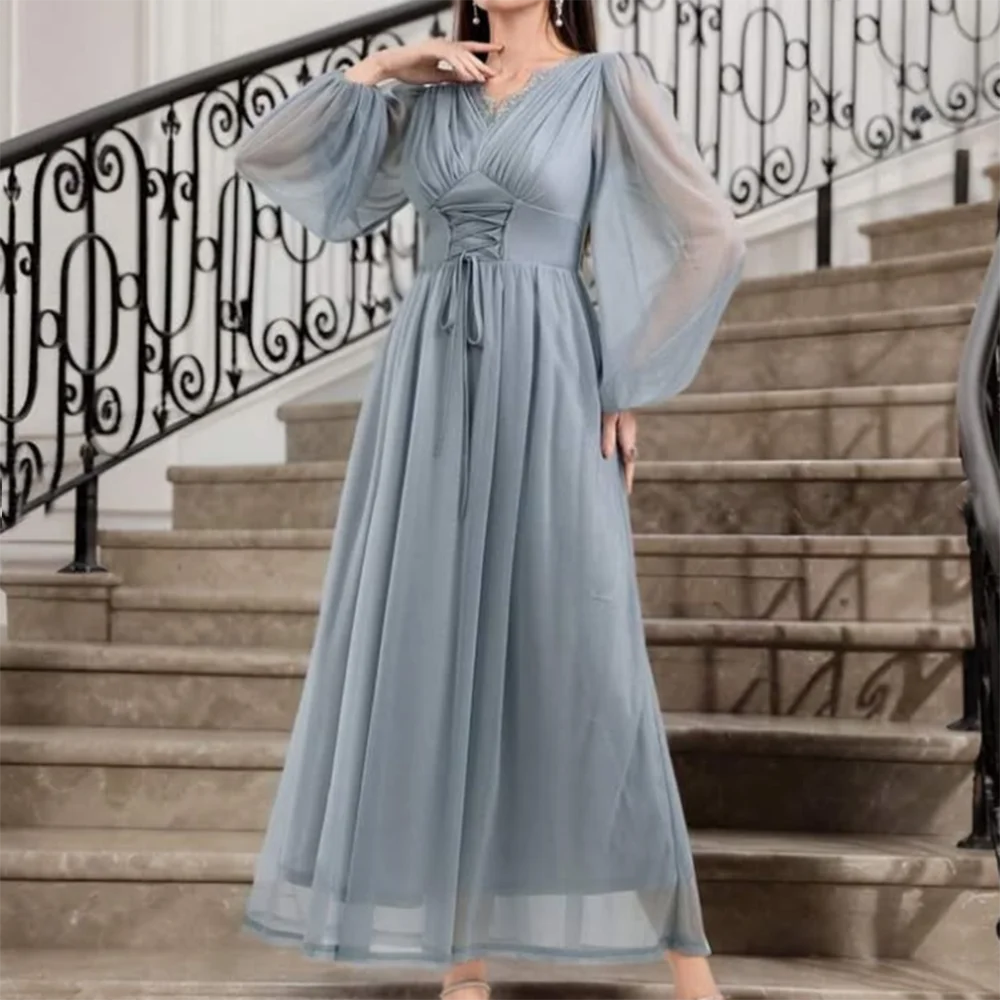 Customized A-Line Prom Dresses Tea-Length V-Neck Full Sleeve Evening Gown Simple Draped Fashion Bow Lace-Up Party Dresses
Customized A-Line Prom Dresses Tea-Length V-Neck Full Sleeve Evening Gown Simple Draped Fashion Bow Lace-Up Party Dresses