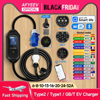 AFYEEV 32A 7.2KW Portable EV Charger Type2 Type1 Electric Vehicle Charger GB/T EVSE Charging Cable Wi-Fi Bluetooth APP Control