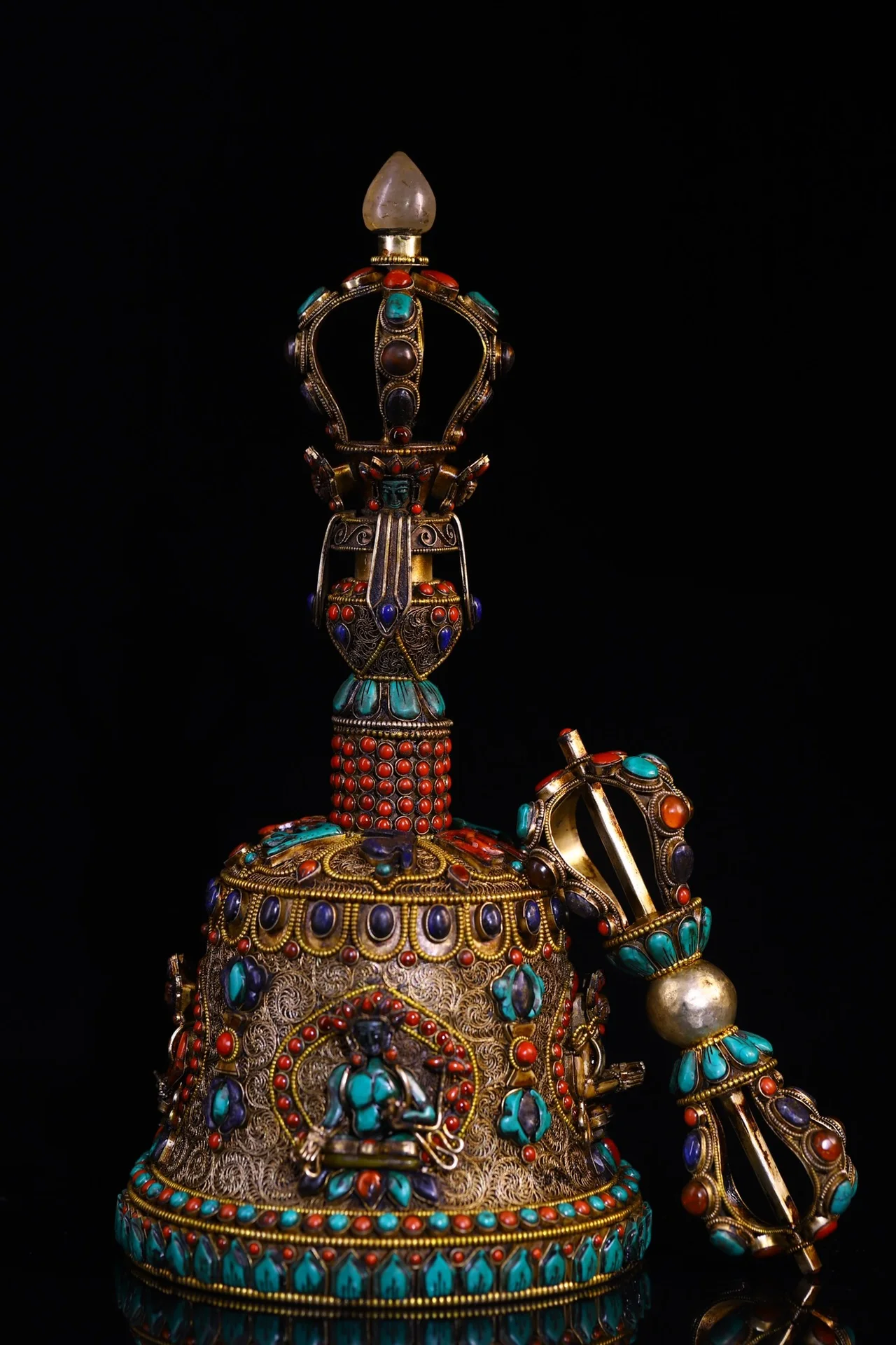 14"Tibetan Temple Collection Old Tibetan Silver Filigree Mosaic Gem Turquoise lapis lazuli Buddha Bell Vajra Worship Hall
14"Tibetan Temple Collection Old Tibetan Silver Filigree Mosaic Gem Turquoise lapis lazuli Buddha Bell Vajra Worship Hall