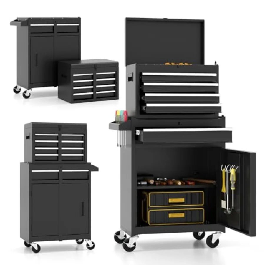 2-in-1 Rolling Tool Chest with 5 Drawers Heavy-Duty Metal Tool Box with Wheels Detachable Top Tool Box and Rolling Tool Cabinet
2-in-1 Rolling Tool Chest with 5 Drawers Heavy-Duty Metal Tool Box with Wheels Detachable Top Tool Box and Rolling Tool Cabinet